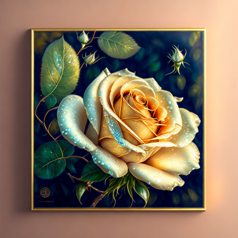 Golden rose painting with dew drops in frame on wall