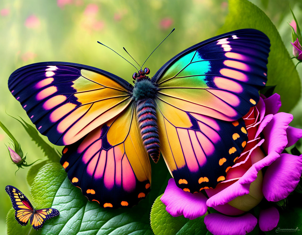 Colorful Butterfly on Green Leaves with Pink Flowers and Another Butterfly