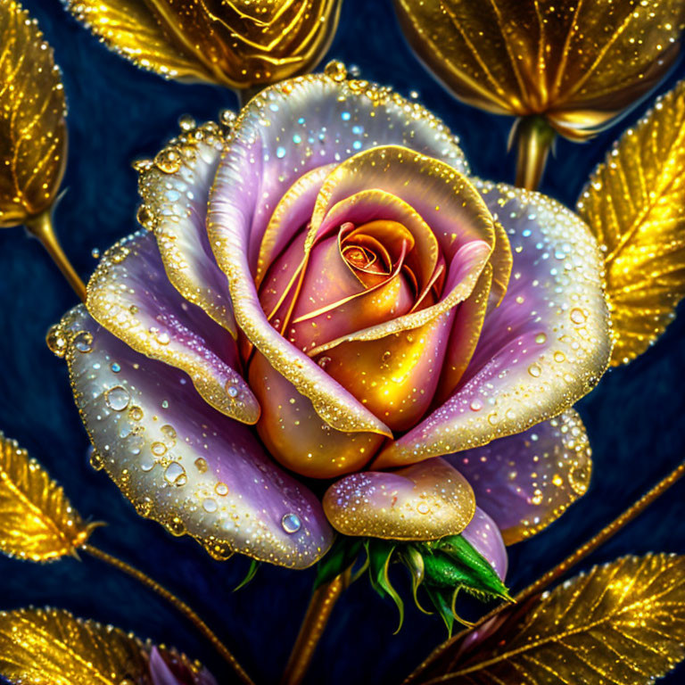 Colorful Digital Artwork: Rose with Dewdrops on Dark Background