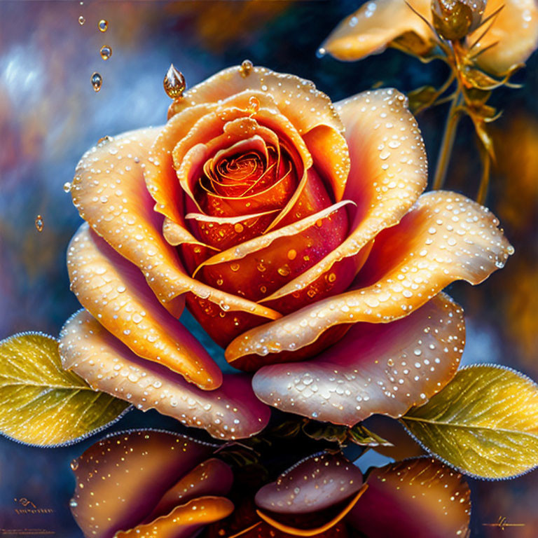 Vibrant Orange Rose with Dewdrops on Blurred Background