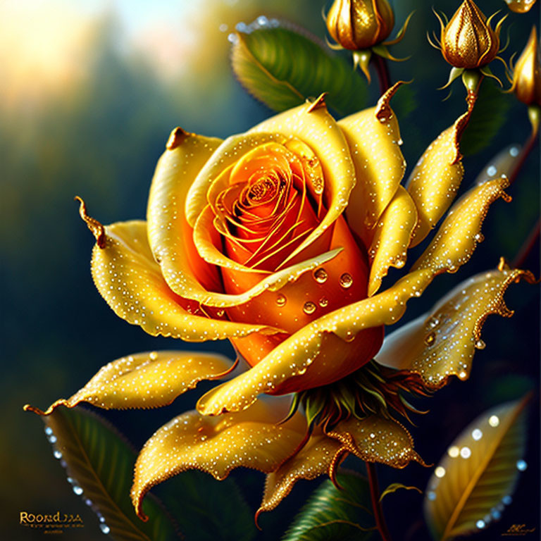 Golden yellow rose illustration with water droplets and buds on soft background