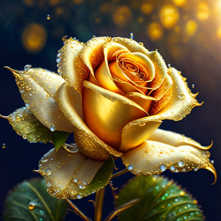 Golden Yellow Rose with Water Droplets on Dark Background