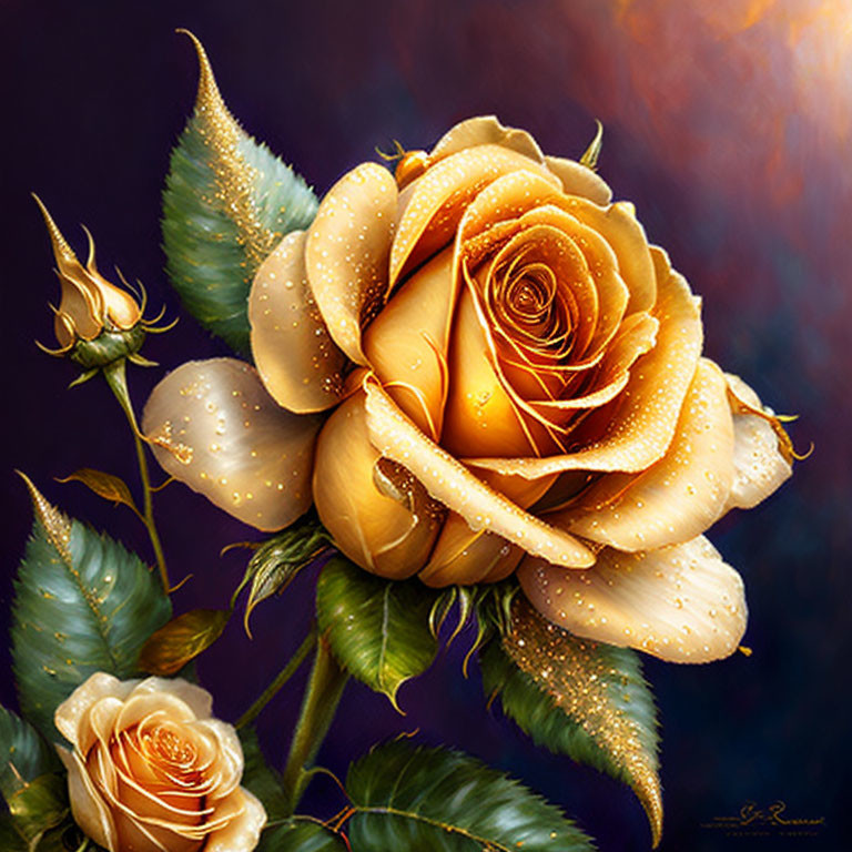 Golden Yellow Rose Digital Painting with Dewdrops on Dark Gradient Background