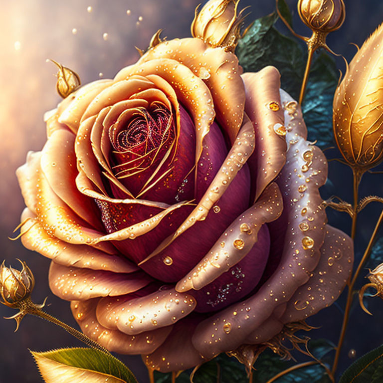 Vibrant rose with golden hues and water droplets on petals