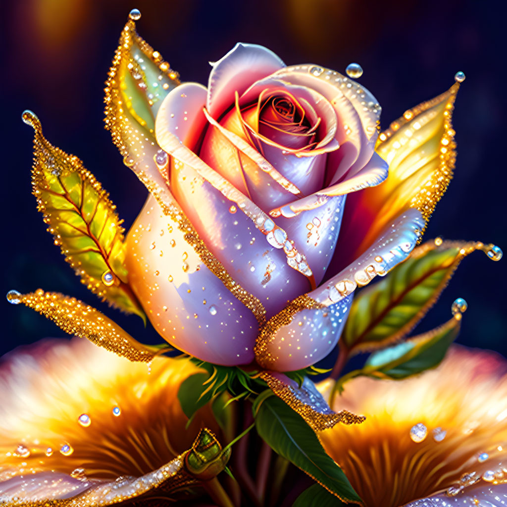 Luminous rose digital illustration with gradient and dew drops on vivid background