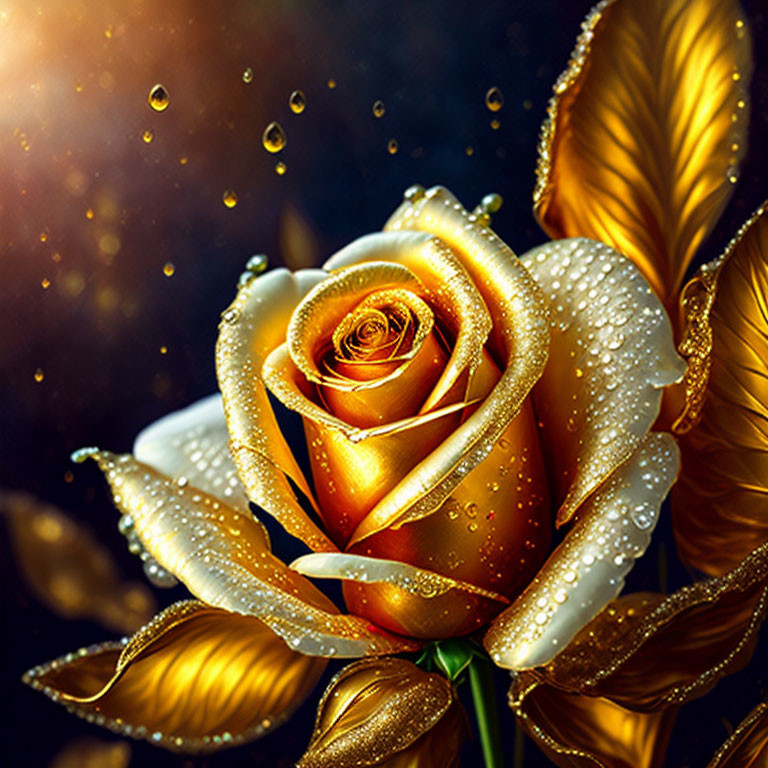 Golden rose with water droplets on dark background and gold-tipped leaves