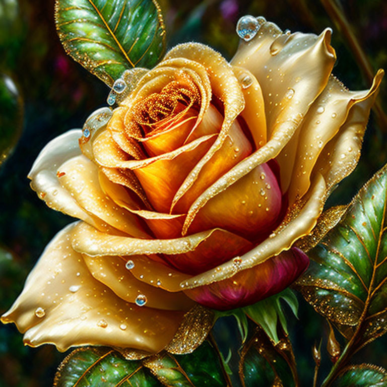 Vibrant yellow rose with dew drops in green foliage