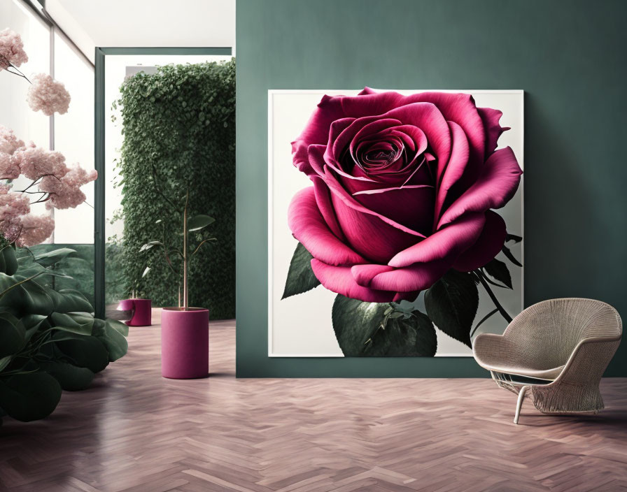 Contemporary room with pink rose artwork, sleek chair, and plants on mint green walls