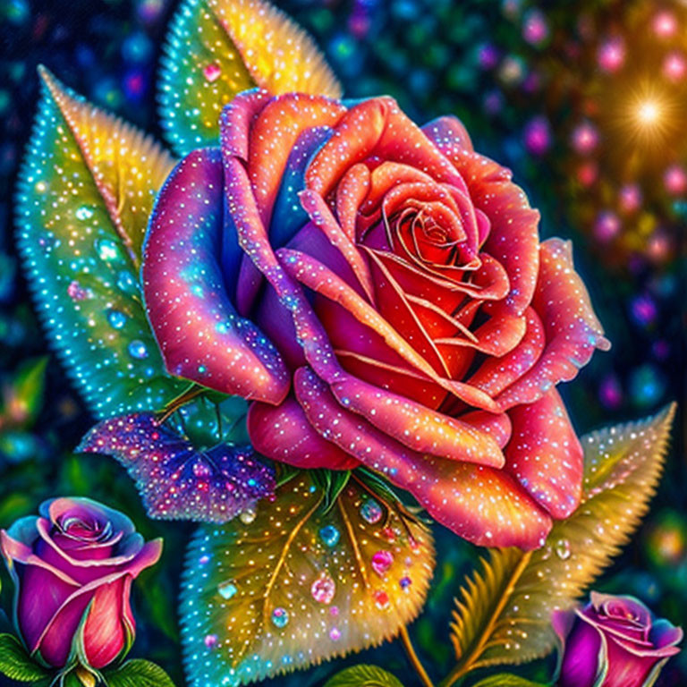 Vivid Digital Art: Rose with Dew Drops, Leaves, and Light Flares