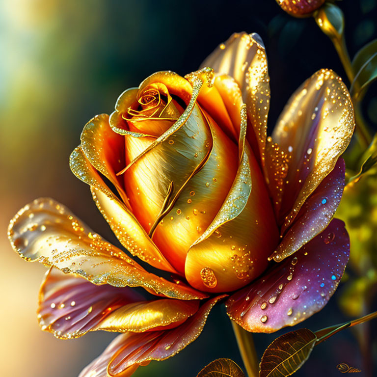 Digitally-enhanced rose with golden petals and dewdrops on bokeh background