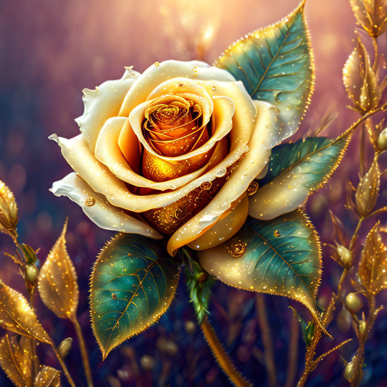 Golden Rose Digital Artwork with Intricate Patterns and Dew Drops