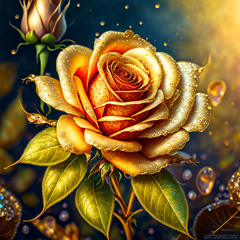 Golden rose digital illustration with dewdrops and glowing light particles on dark background