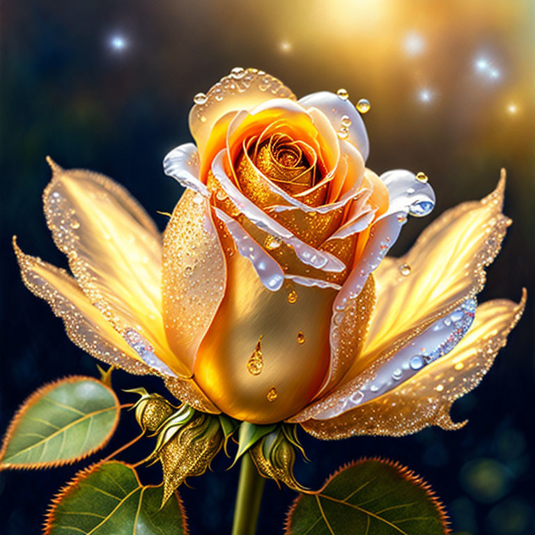 Golden Rose with Dewdrops on Dark Foliage and Bokeh Background