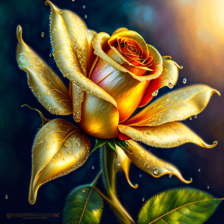 Golden Rose with Water Droplets on Petals Against Dark Background