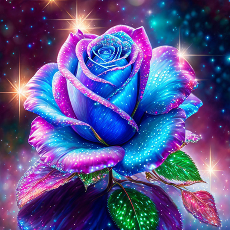 Digitally Altered Rose with Blue and Pink Petals on Cosmic Background