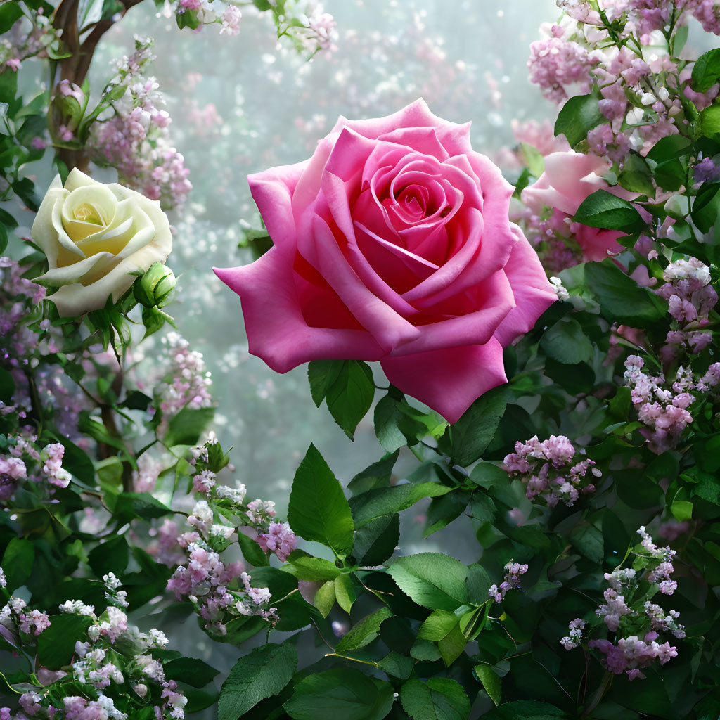 Pink Rose in Full Bloom Surrounded by White and Pink Blossoms