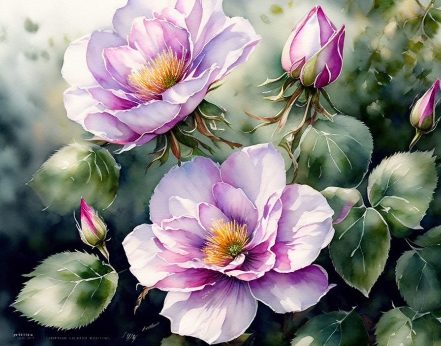 Delicate Purple Roses Watercolor Painting