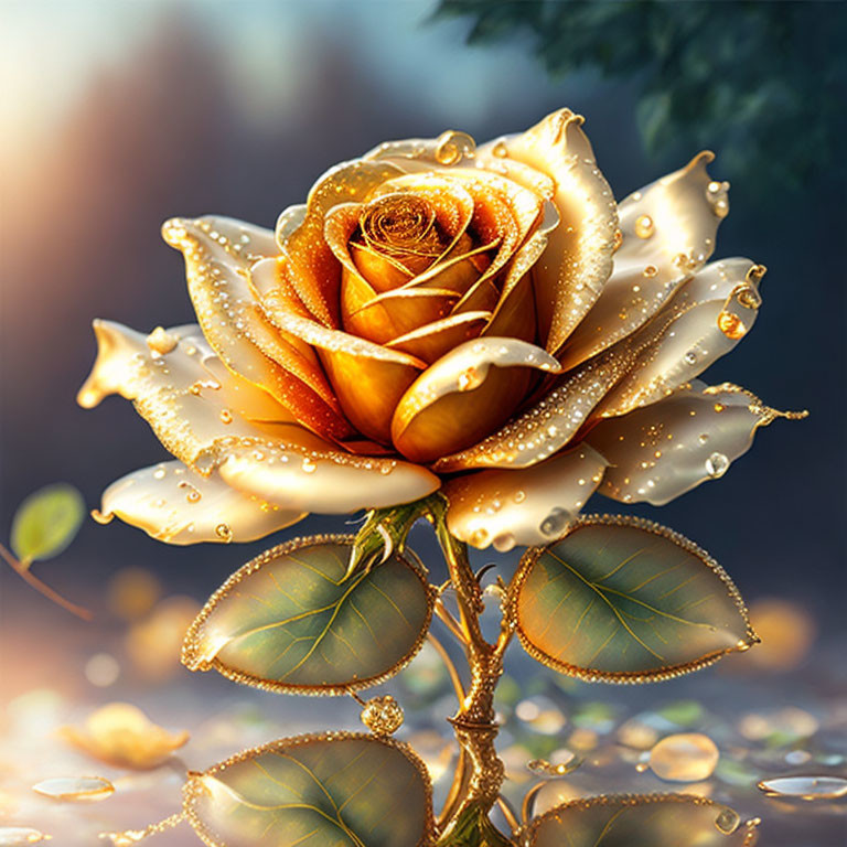 Golden Rose with Dewdrops on Petals and Leaves in Soft Bokeh Background