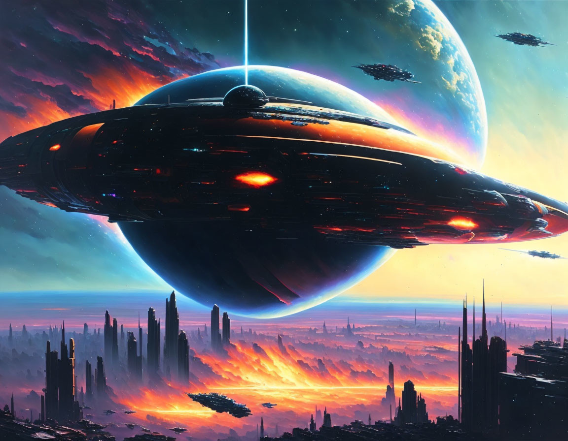 Futuristic cityscape with towering skyscrapers and hovering spaceship