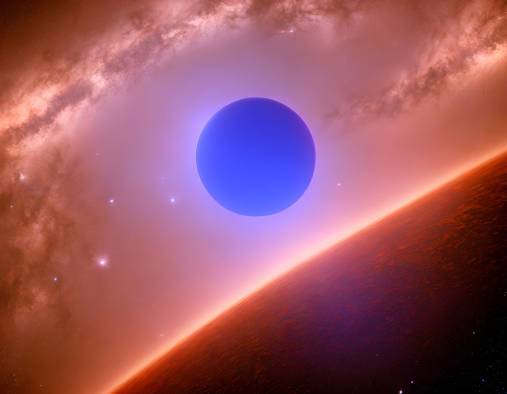 Cosmic digital artwork: Blue planet in pink sky with fiery surface