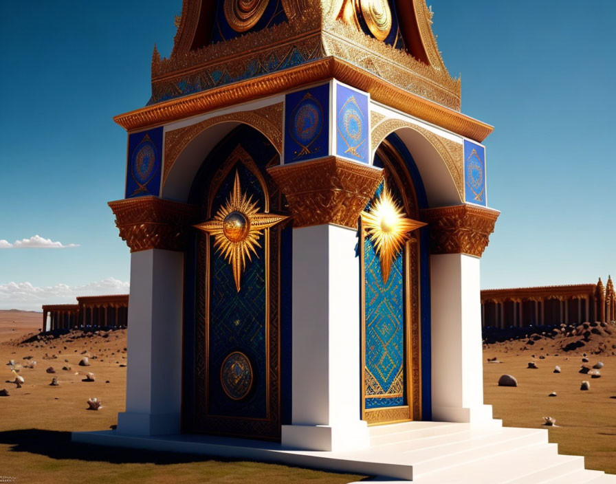 Digitally-rendered pavilion with blue and gold motifs in a vast plain