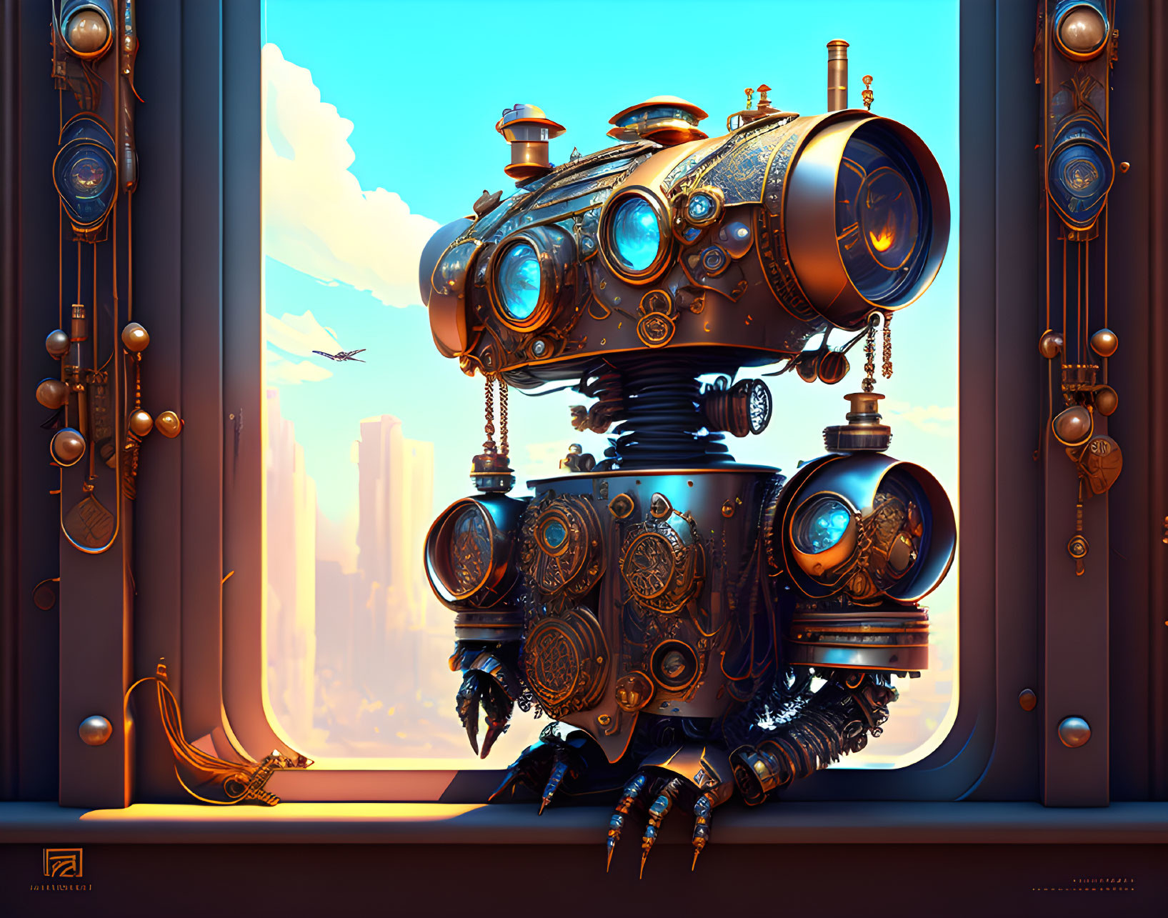 Steampunk-style robotic owl on ledge with gears and metallic feathers overlooking futuristic cityscape.