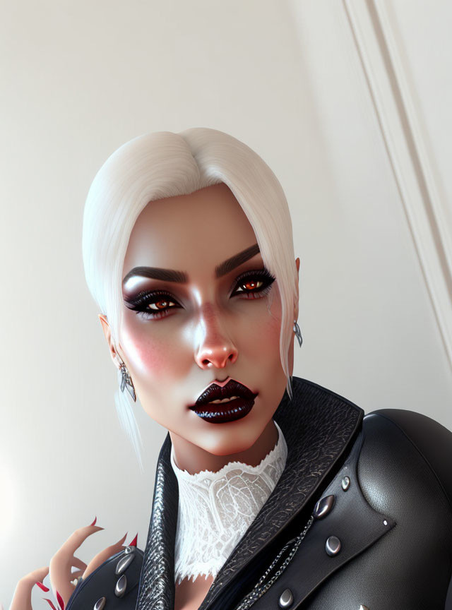 Platinum Blonde Woman in Striking Makeup and Leather Jacket