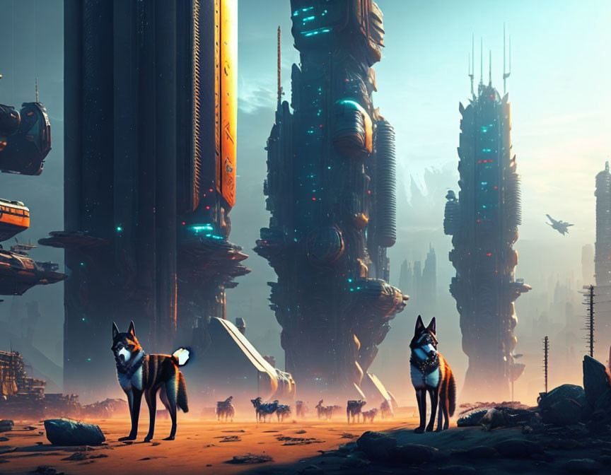 Futuristic cityscape with two foxes and flying vehicles
