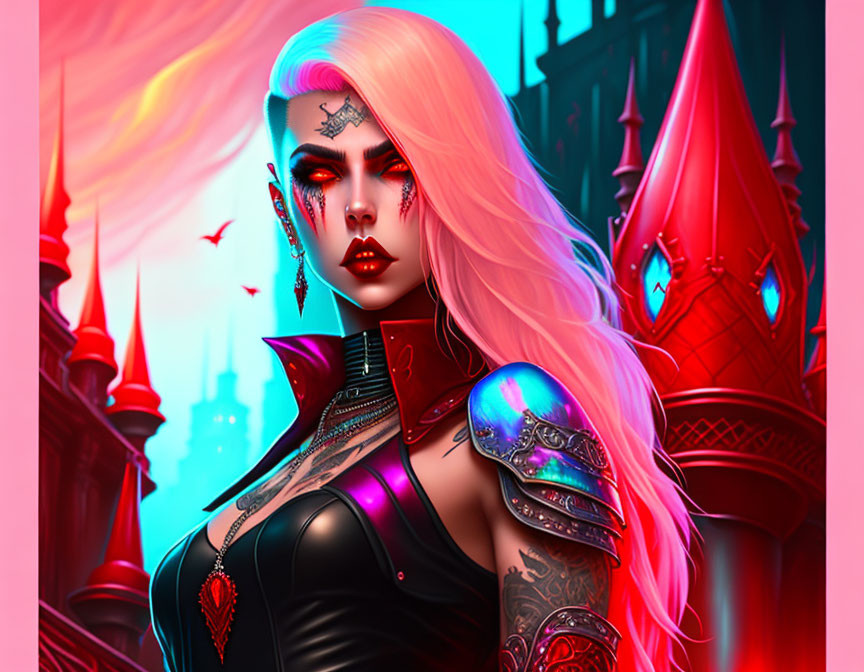 Fantasy-themed animated image of a woman with white hair, tattoos, and futuristic armor against a red