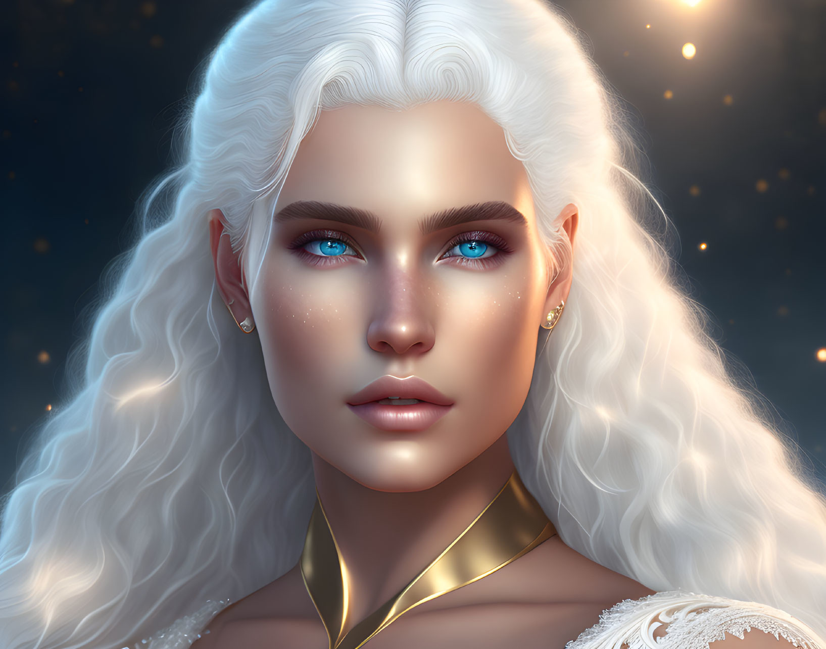 Digital portrait of woman with blue eyes, pale skin, white hair, in starry night setting.