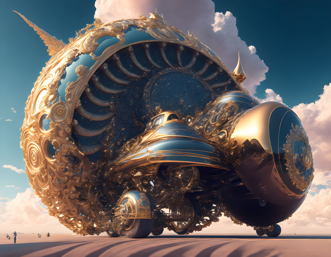 Golden ornate snail vehicle on desert landscape with intricate designs, blue sky.