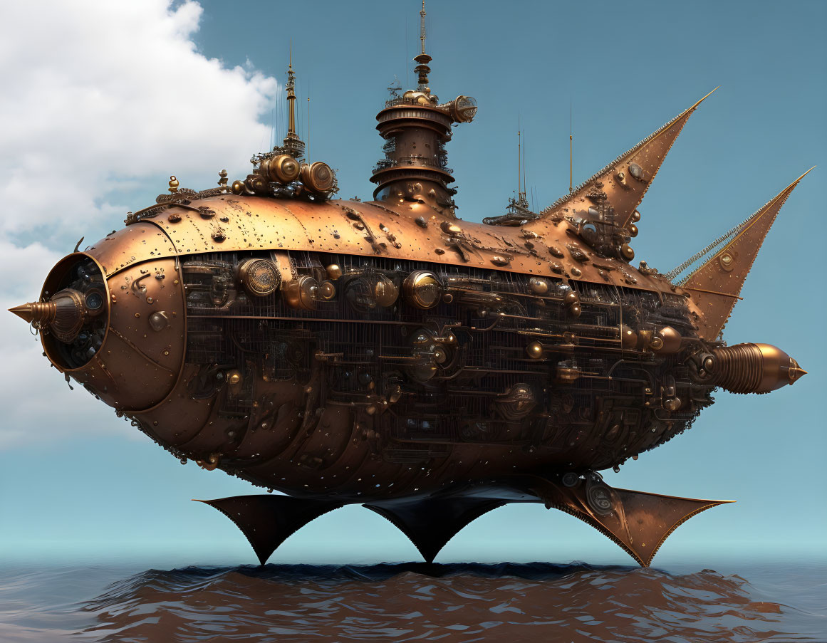 Intricate steampunk submarine with brass tones, portholes, propellors, and