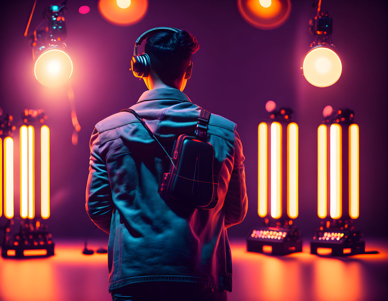 Man in headphones under vibrant stage lights in music studio, futuristic ambiance