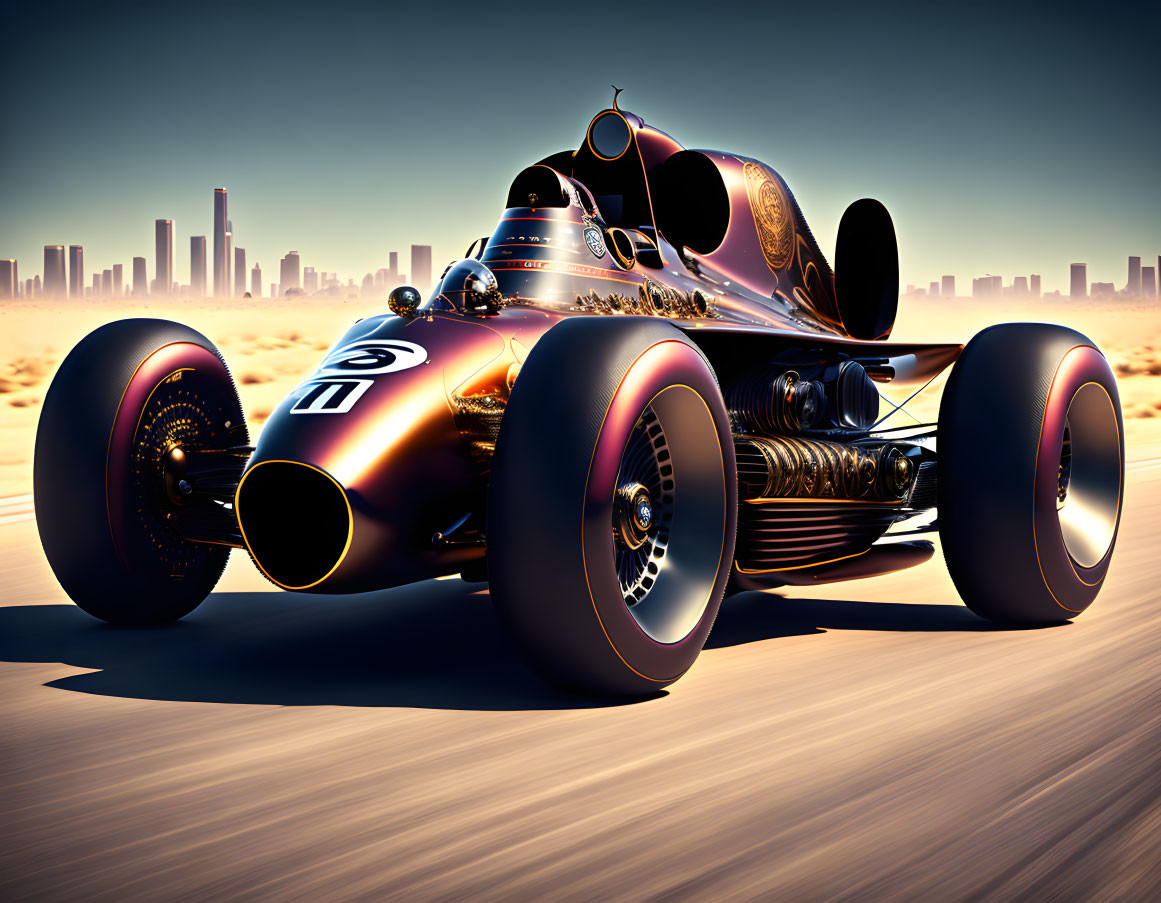 Retro-futuristic race car with gold and black details in desert cityscape.