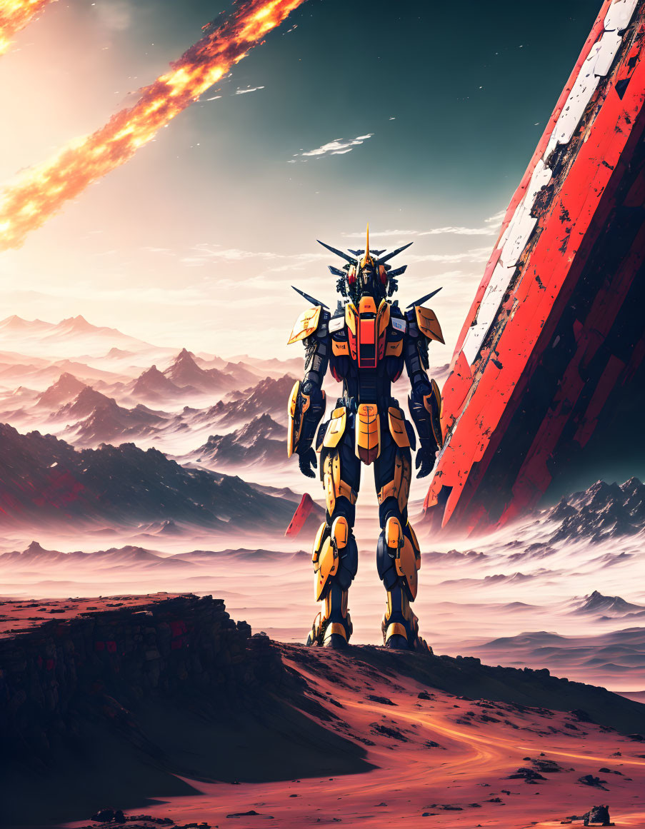 Giant robot on rugged alien landscape with mountains, two suns, and meteor.