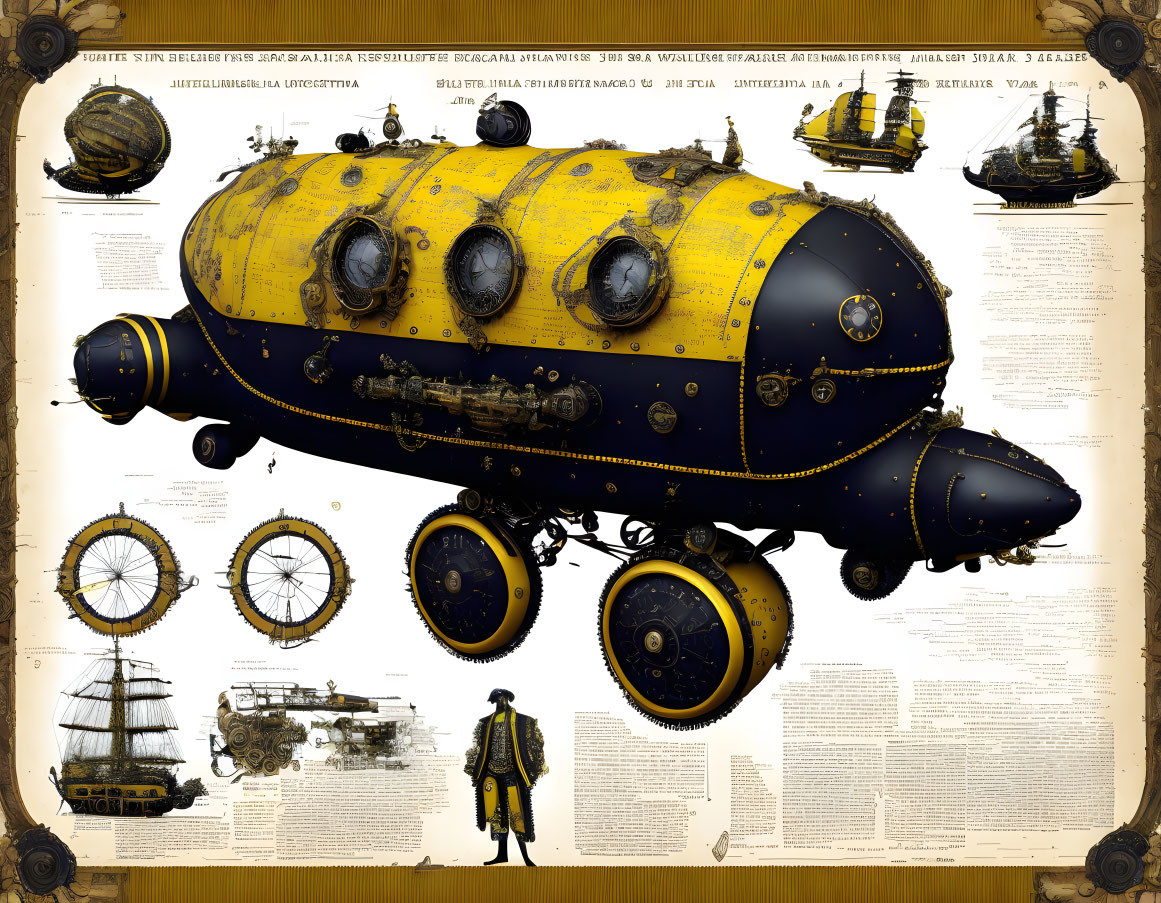 Detailed Yellow Steampunk Submarine & Ship Schematics Illustration