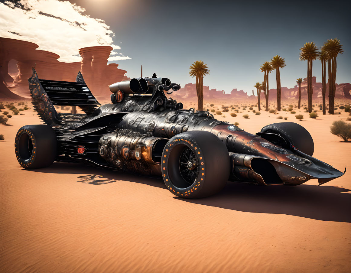 Intricate mechanical design race car in desert oasis