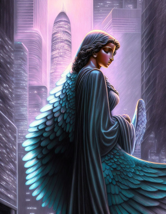 Blue-winged angel in futuristic cityscape with violet glow