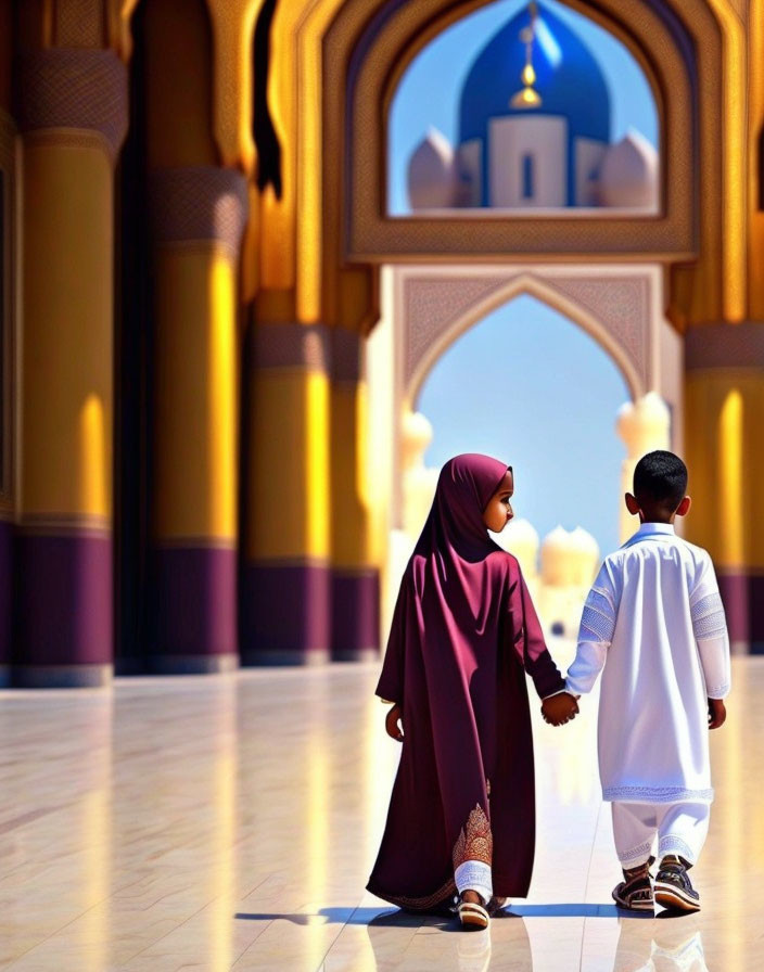 Children walking towards ornate archway near blue-domed building under clear sky