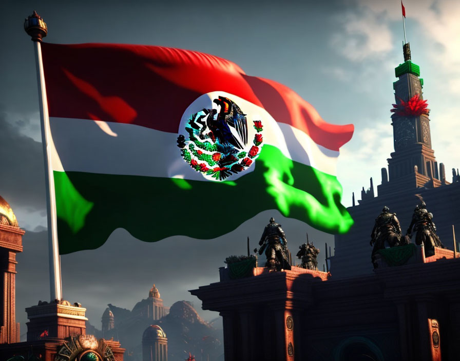 Mexican flag waving over classical building with statues and tower at dusk