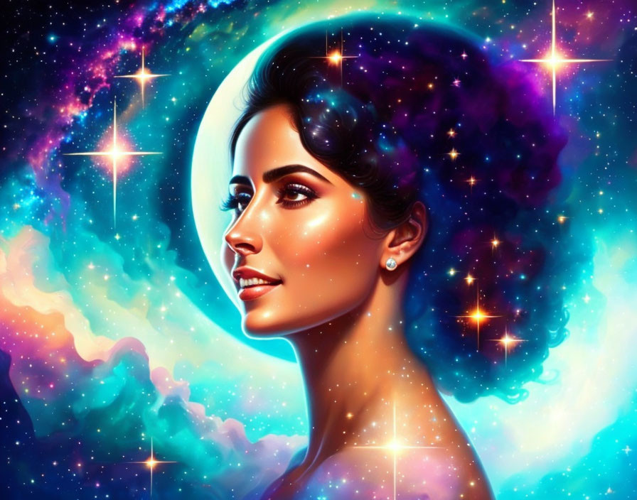 Digital Artwork: Woman's Profile with Cosmic Hair in Starry Space Background