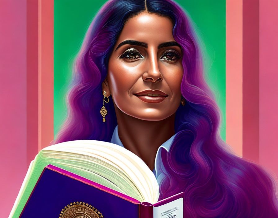 Purple-haired woman with golden earrings holding a book on colorful background