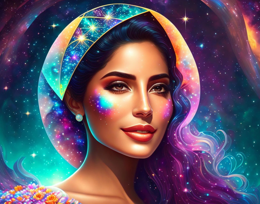 Cosmic-themed portrait of a woman with nebulae makeup and crescent moon