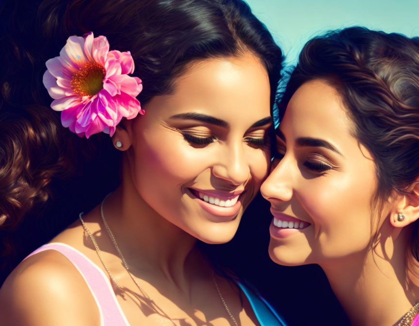 Two Smiling Women with Dark Curly Hair Against Blue Sky