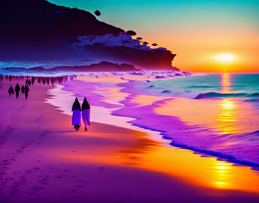 Vibrant beach sunset with silhouettes of people walking