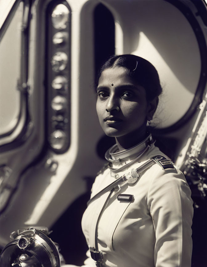 Vintage astronaut woman with helmet beside spacecraft airlock hatch