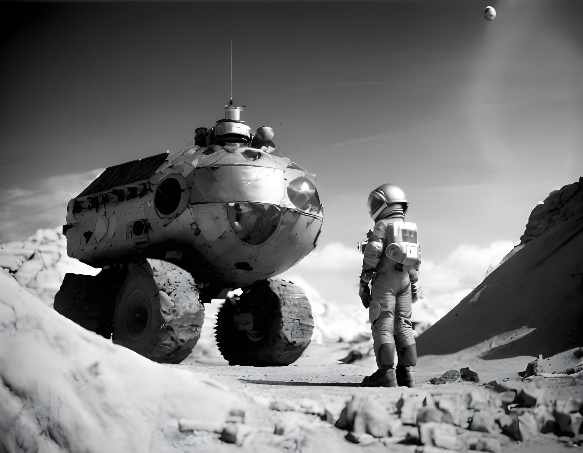 Astronaut walking towards multi-wheeled rover on rocky terrain