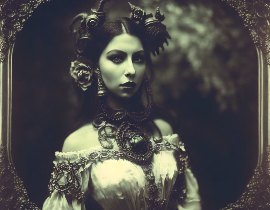 Vintage Gothic Woman Portrait with Elaborate Attire and Oval Frame