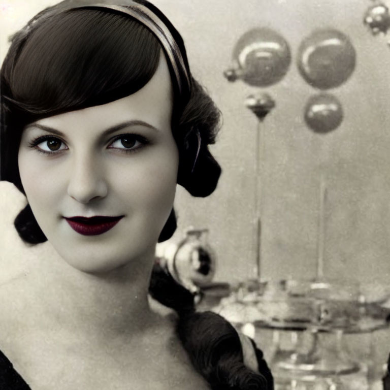 Classic Black and White Portrait of Woman with Headband and Bold Lipstick