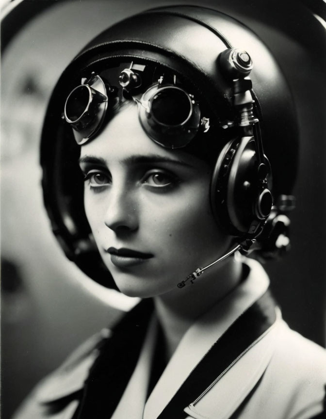 Portrait of person with dark hair in pilot goggles and vintage aviation headset